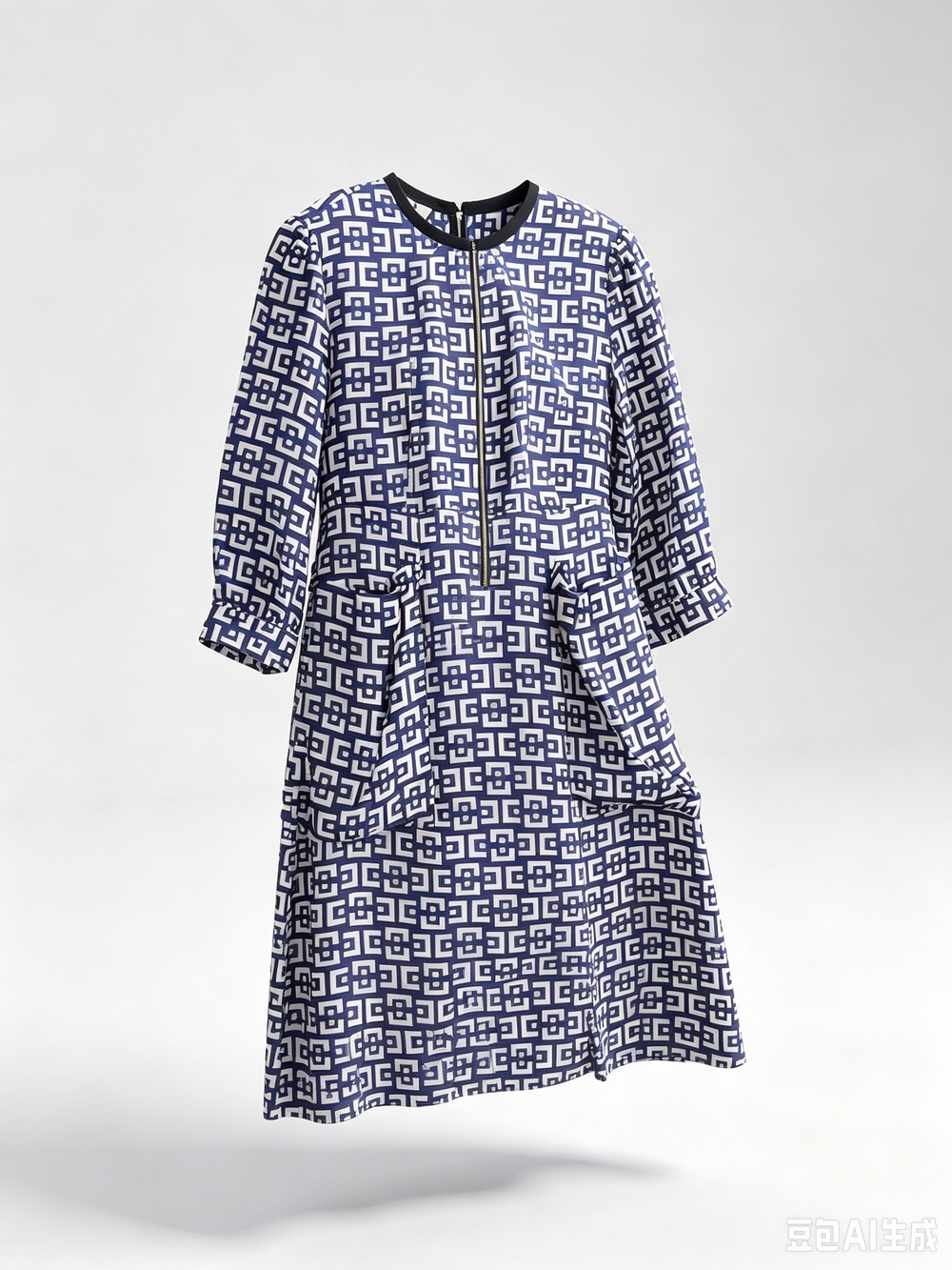MARNI Blue and White Geometric Print Midi Dress